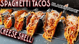 UNBELIEVABLE SPAGHETTI TACOS MADE ON THE BLACKSTONE GRIDDLE with CHEESE SHELL EASY FLAT TOP RECIPE [upl. by Stringer]