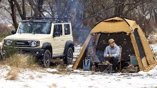 Solo Camping in a Snow Storm amp Campfire Cooking Naturehike Dune Tent  Relaxing ASMR  Suzuki Jimny [upl. by Otineb]