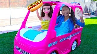 Wendy amp Belle Pretend Play w Barbie Power Wheels Camper Food Truck Rideon Toy [upl. by Ackley]