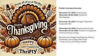 Thriftys 2024 Holiday Greeting amp Schedule [upl. by Lilithe825]