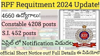 RPF constable amp Sub inspector Requitment 2024 update Short Notice rpfsi [upl. by Elokcin31]