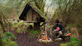 Building wood survival shelter in wildlands  Bushcraft amp Campfire grilled meat [upl. by Kcirdneked]