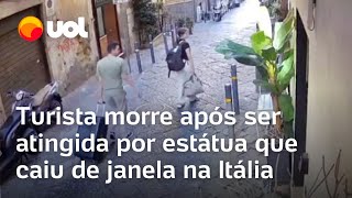 Turista morre atingida por estátua que caiu de janela na Itália vídeo mostra momento da queda [upl. by Cuthburt]