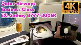 4K Qatar Airways Business Class Hong Kong  Doha ExCathay Pacific B777300ER QR817 No Qsuite ASMR [upl. by Aihsekyw]