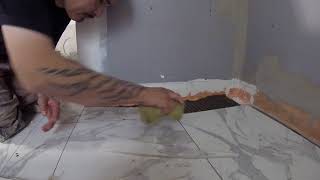 Inset Shower Pan Kerdi Line Drain Tile Installation NO CURB [upl. by Aileduab]