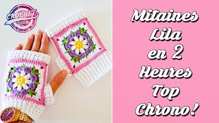 Tutoriel Mitaines Lila avec 2 Carrés Granny en 2 Heures Top Chrono [upl. by Ihc671]