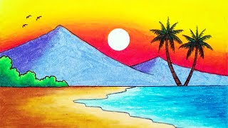 How to Draw Beautiful Sunset in the Beach  Easy Sunset Scenery Drawing [upl. by Ttegdirb690]