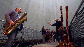 Testing the Sound Inside a Huge Coolingtower Baritone Saxophone and Overtone flute Duo [upl. by Oleic]