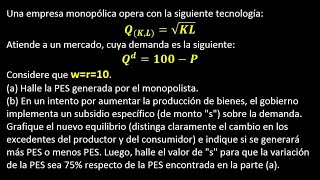 Problema sobre monopolio subsidio y PES  EF05 Microeconomía avanzada [upl. by Nedle]