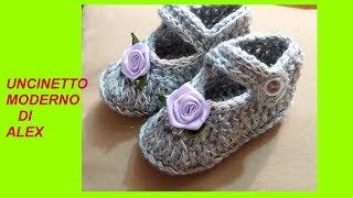 TUTORIAL UNCINETTO SCARPINE BEBE senza mai tagliare il filo 0 3 MESI [upl. by Anayit]