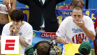 Joey Chestnut beats Takeru Kobayashi to win 2007 Nathans Hot Dog Eating Contest  ESPN Archive [upl. by Wertz466]