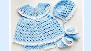 CONJUNTO PARA NIÑAS Vestido para bebe a crochet con capota braguitas y zapatitos en varias tallas [upl. by Enneicul493]