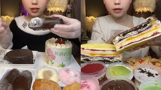 Asmr Eating Crepe CakeChoco CakeMatcha CakeContainer CakeChoco PuffEating Cake Dessert Mukbang [upl. by Ketti]