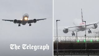 Storm Gerrit Big Jet TV captures Boeing 777 pulling off insane landing at Heathrow [upl. by Cristy]