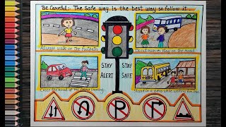 How to draw Road Safety poster step by step l Road safety rules chart drawing for art competition [upl. by Hatfield816]