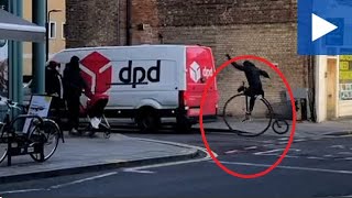 Penny Farthing Rider Smashes Into Delivery Van On London Street [upl. by Victory669]