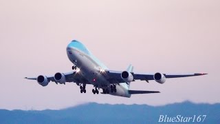 Sunset Korean Air Cargo Boeing 7478F HL7624 takeoff from KIXRJBB Osaka  Kansai RWY 06R [upl. by Anyrak]