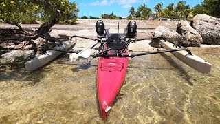 Ultimate Offshore Kayak Rig Twin Outboard Dual Outrigger Hobie Adventure Conversion Twin Suzukis [upl. by Omora831]