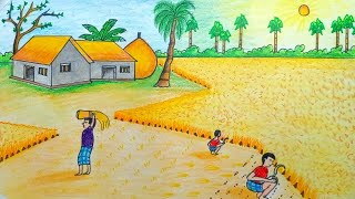 হেমন্তকালের দৃশ্য আকাঁ  Hemanta kaler drisso aka  Lautumn Scenery drawing  গ্রামের দৃশ্য আকাঁ [upl. by Millwater145]