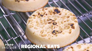 How English Crumpets Are Made At Europes Biggest Bakery  Regional Eats [upl. by Akenat276]