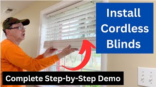 CORDLESS Venetian Blinds installation  Inside vs Outside how to Mount BHG 2 faux wood blinds  DIY [upl. by Aikemot]