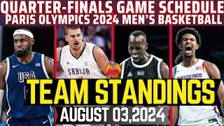 TEAM STANDINGS MENS BASKETBALL PARIS OLYMPICS 2024 AUGUST 032024QUARTERFINALS GAME SCHEDULE [upl. by Doolittle]