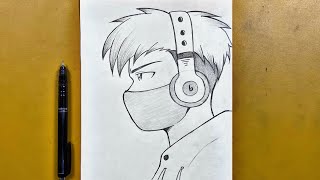 Easy anime sketch  how to draw a cool boy wearing headphones stepbystep [upl. by Aisatal]