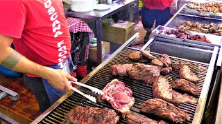 Italy Street Food Burgers Roasted Beef Long Sausages and Pork Ribs on Big Grills [upl. by Ankney]