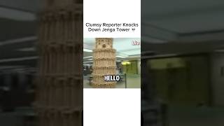 Clumsy Reporter Knocks Down Jenga Tower [upl. by Nomrej]