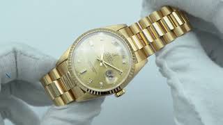 Rolex 18238 DayDate 36 mm 18K Yellow Gold Champagne Factory Diamond Dial President Bracelet 1993 [upl. by Yrocaj]