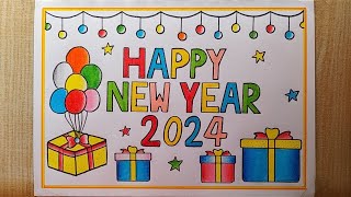 Happy New Year 2024 Drawing easy Beautiful 😍 New year Card drawing Happy New Year Special drawing [upl. by Newell]