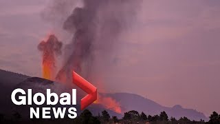 La Palma volcano Lava flows from mountain as eruption keeps island airport closed [upl. by Iatnahs]