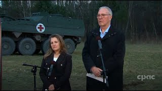 Ministers Chrystia Freeland amp Bill Blair speak with reporters in Jeżewo Poland – February 25 2024 [upl. by Froh703]