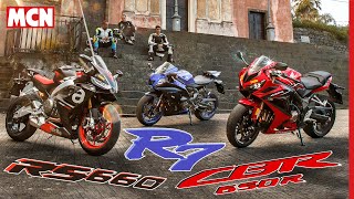 2022 Middleweight Sportsbike Shootout  Aprilia RS660 vs Yamaha R7 vs Honda CBR650R trackroad  MCN [upl. by Unam]