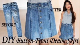 DIY Turn Your Old Jeans Into Skirt  Button Denim Skirt from Pants Clothes Transformation Indonesia [upl. by Utir]