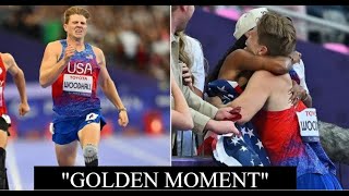 Hunter Woodhall and Tara Davis Woodhall Share Emotional Hug After His Gold Medal Win at Paralympics [upl. by Naxela]