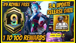 34 UPDATE RELEASE DATE  A9 ROYAL PASS IS HERE  1 TO 100 REWARDS [upl. by Akimyt]