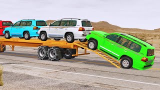 Flatbed Trailer Toyota LC200 Cars Transportation with Truck  Pothole vs Car 107  BeamNGDrive [upl. by Dee]