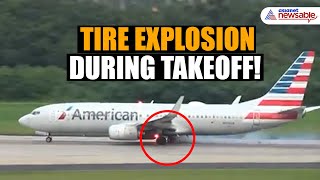 WATCH  American Airlines Plane Tire Bursts Into Flames During Takeoff [upl. by Etnovahs]