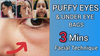 PUFFY EYES amp UNDER EYE BAGS  3 min Facial Technique  100 Results [upl. by Rosenblum]