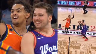 Luka Doncic hits from halfcourt over Trae Young  2020 NBA Rising Stars Game [upl. by Nahshon]