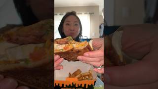 Mukbang poutine onion rings and sandwich shorts storytime mukbang food eating [upl. by Enihpets]