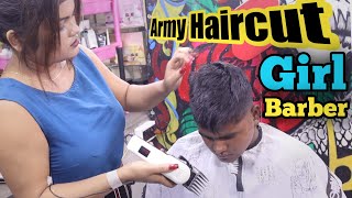 Army Hair Cutting By Girl Barber🔥Attractive BuzzCut  Hair Cutting With Trimmer  Side Fade Haircut [upl. by Douglass453]