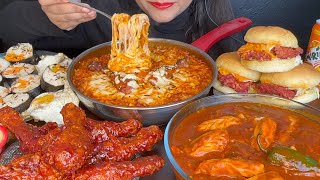 ASMR EATING SPICY NOODLESCHEESY NOODLESKOREAN FRIED CHICKENSPICY BURGERKIMBAPCHILLI MOMO [upl. by Nimajneb560]