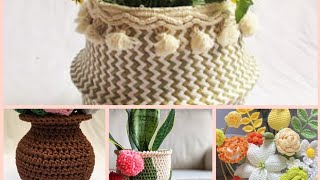 wool knitting crochet flower vaseflowerbasket [upl. by Lednem]