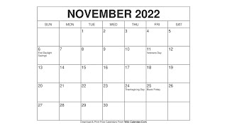 Printable November 2022 Calendar Templates with Holidays  Wiki Calendar [upl. by Eimor]