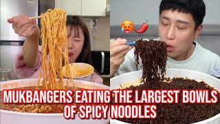 mukbangers eating the LARGEST bowls of spicy noodles [upl. by Imuya959]