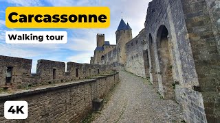 Medieval town and Castle in the south of France 🇫🇷  Carcassonne 4K walking tour [upl. by Saffren]