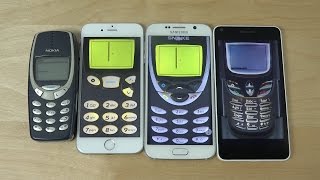 Nokia 3310 vs iPhone 6 vs Samsung Galaxy S6 vs Microsoft Lumia 640 Snake Gameplay 4K [upl. by Nilkoorb580]