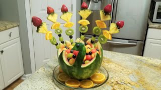 How to Make Watermelon Peacock  DIY Watermelon Bowl Centerpiece [upl. by Atteuqahs]